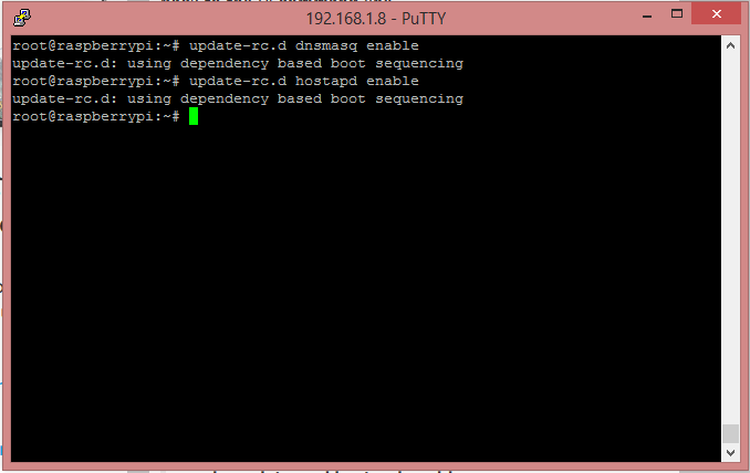 If your output looks like the above then dnsmasq and hostapd are all set to auto start when the pi boots!